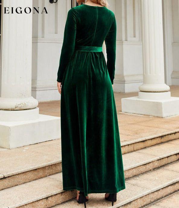 Women's round neck belted gold velvet Long Sleeve Maxi Dress clothes dress dresses evening dress evening dresses long sleeve dress long sleeve dresses maxi dress