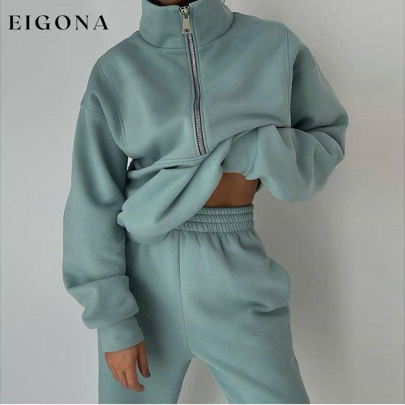 Women's casual zipper pullover sweatshirt and trousers two-piece set Green clothes
