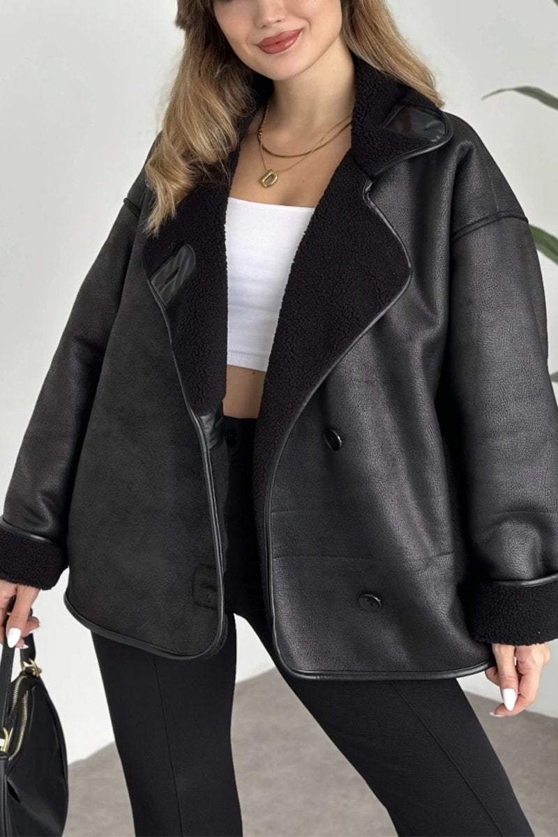 Women's Casual Lapel Single-breasted Leather Jacket Coats Cotton Top