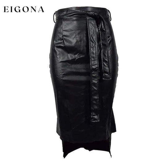 Knotted PU Leather Slit Skirt Black __stock:200 bottoms refund_fee:1200