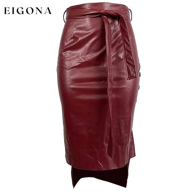 Knotted PU Leather Slit Skirt Wine Red __stock:200 bottoms refund_fee:1200