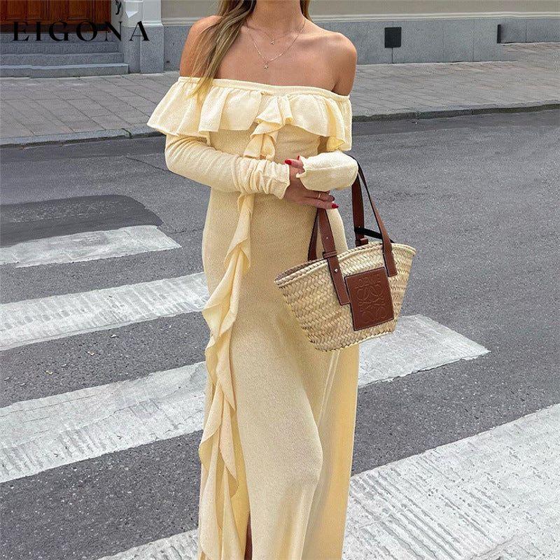 Women's fashionable one-piece neckline slim-fitting high-slit leg-showing long dress Cracker khaki casual dresses clothes dresses long dresses long sleeve dresses