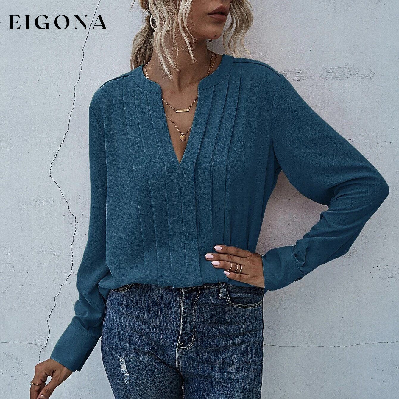 Notched Neck Pleated Decoration Blouse Blue __stock:500 clothes refund_fee:800 tops