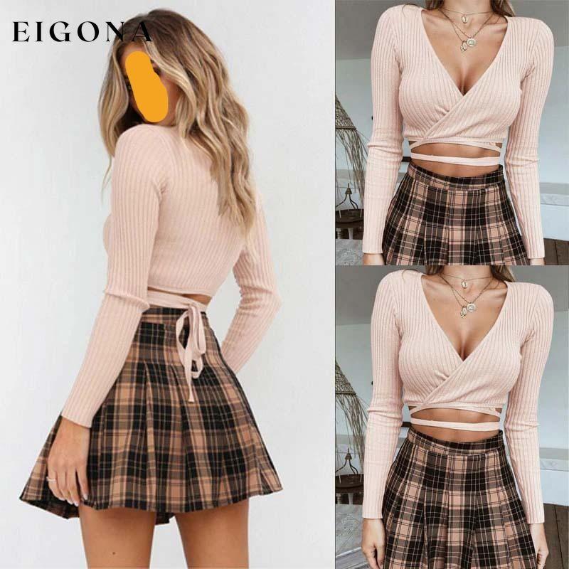 Summer Women Slim Long Sleeve Tee Cross V-neck Sexy Crop Top Khaki __stock:500 clothes refund_fee:1200 tops