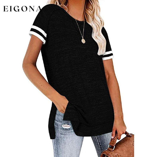 Womens Casual Tunic Tops Short Sleeve Crewneck Side Split Color Block T-Shirt Black __stock:200 clothes Low stock refund_fee:800 tops