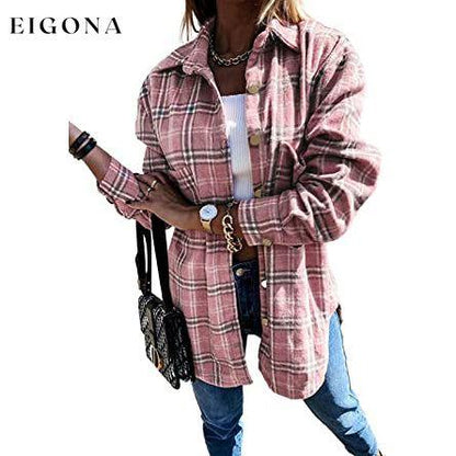 Women's Fall Clothes Plaid Jacket Long Sleeve Pink __stock:200 clothes refund_fee:1200 tops