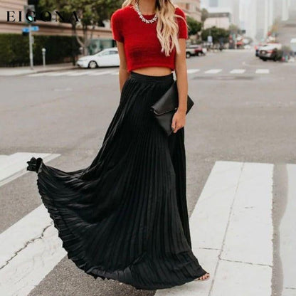 Women's Fashion Long Summer Swing Pleated Skirt Black __stock:200 bottoms refund_fee:1200