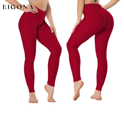 Women's High Waist Textured Butt Lifting Slimming Workout Leggings Tights Pants Red __stock:100 bottoms refund_fee:800