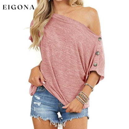 Women's Off Shoulder Button Down Short Sleeve Shirt Pink __stock:200 clothes refund_fee:800 tops