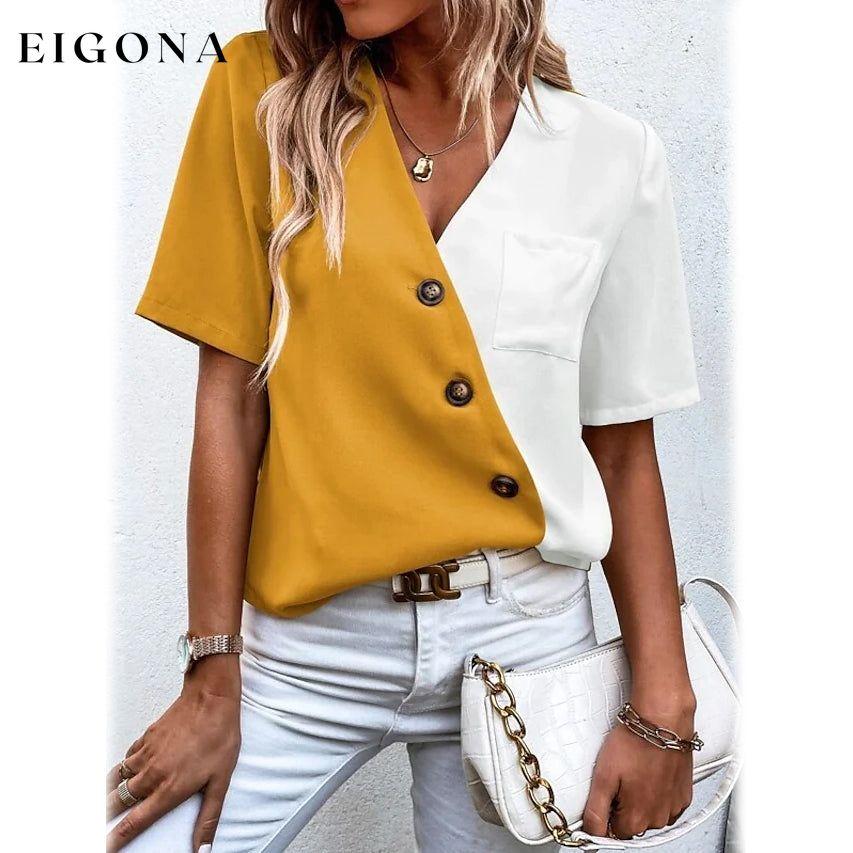 Women's Pocket Button V-Neck Short Sleeve Shirt Yellow __stock:200 clothes refund_fee:1200 tops