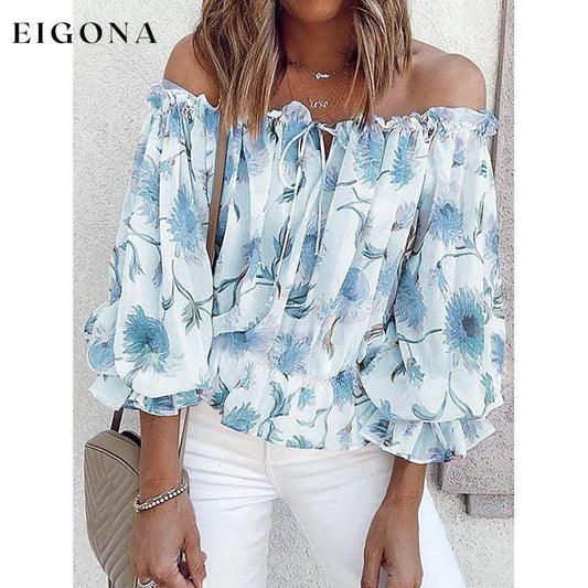 Women's T-Shirt Floral Print Off Shoulder Top Puff Sleeves Blue __stock:200 clothes refund_fee:1200 tops