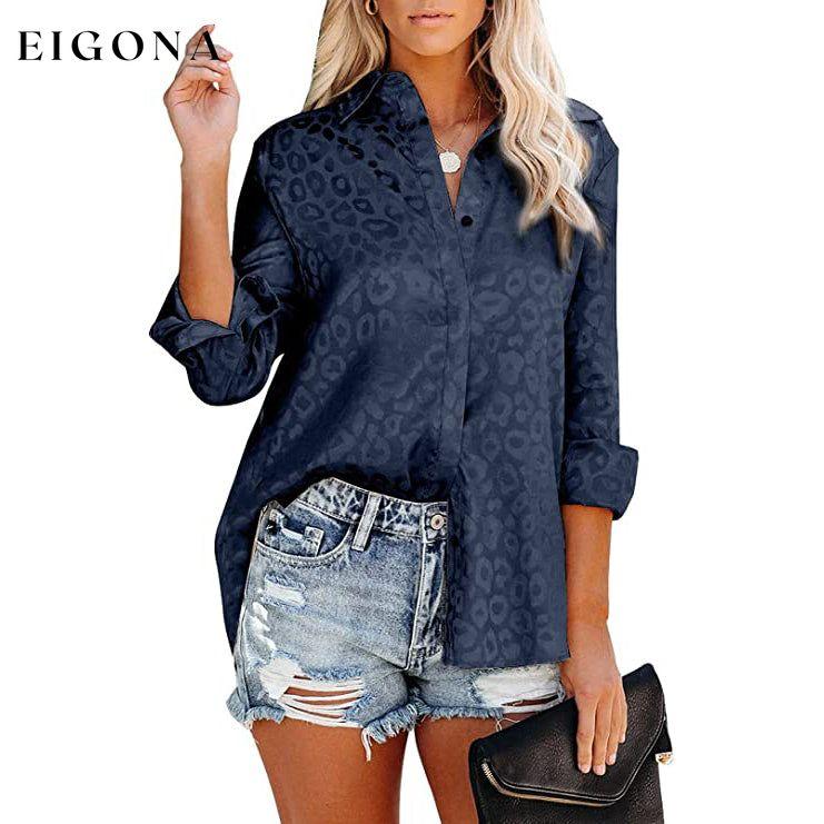 Women's V Neck Satin Embossed Roll Up Cuff Button Shirt Top Blue __stock:200 clothes refund_fee:1200 tops