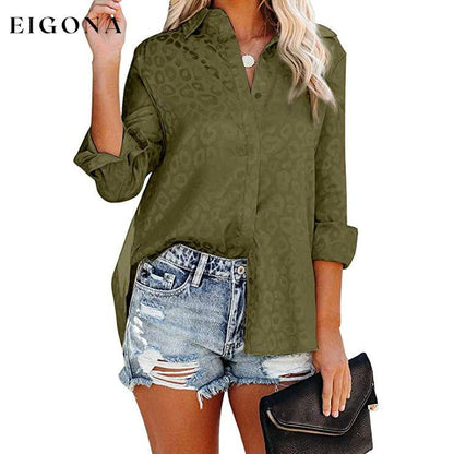 Women's V Neck Satin Embossed Roll Up Cuff Button Shirt Top Green __stock:200 clothes refund_fee:1200 tops