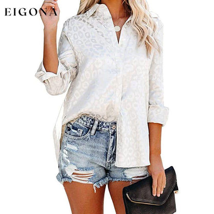Women's V Neck Satin Embossed Roll Up Cuff Button Shirt Top White __stock:200 clothes refund_fee:1200 tops