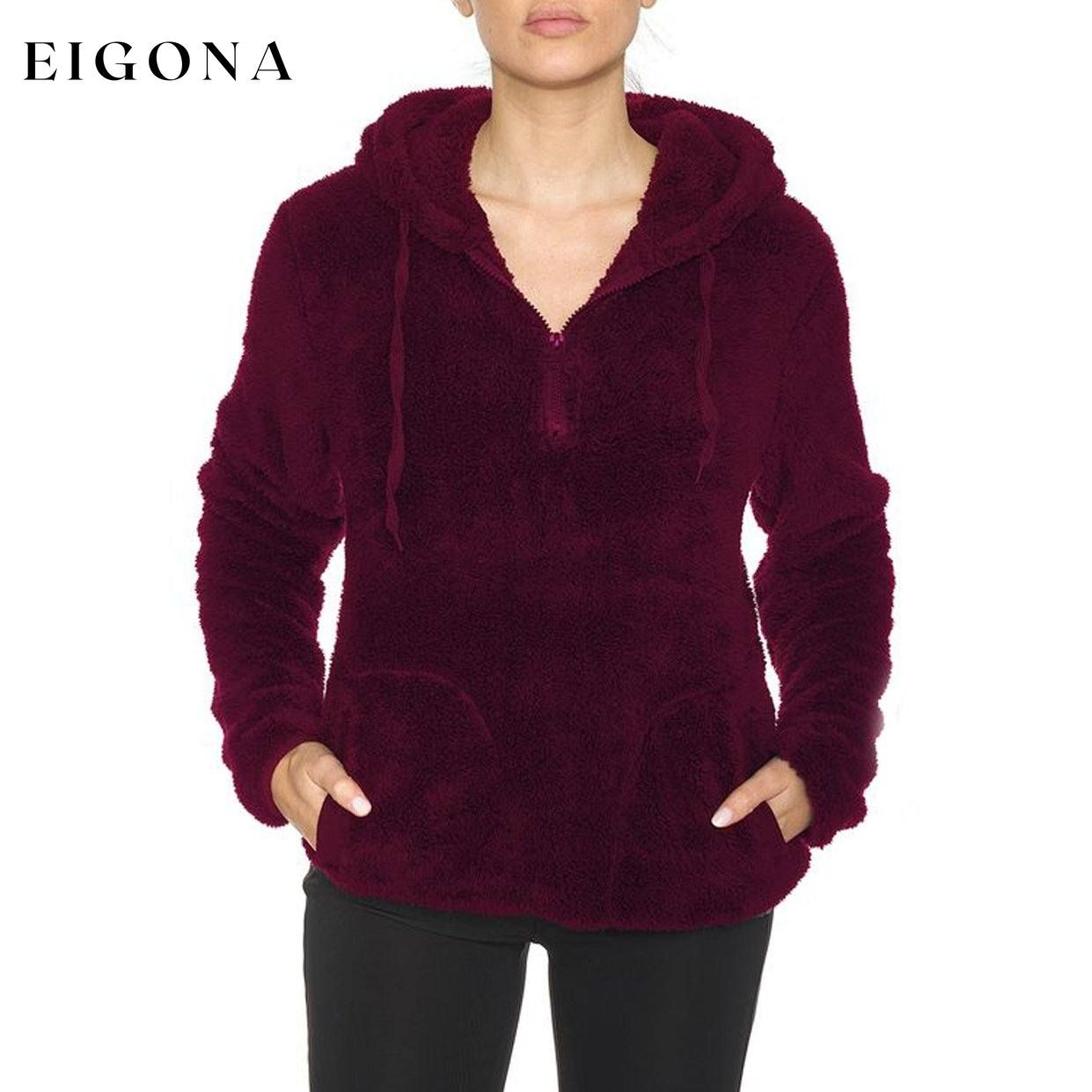 1/4 Zip Hooded Sherpa In and Out Lined Pull Over with 2 Pockets Burgundy __stock:250 Jackets & Coats refund_fee:1200