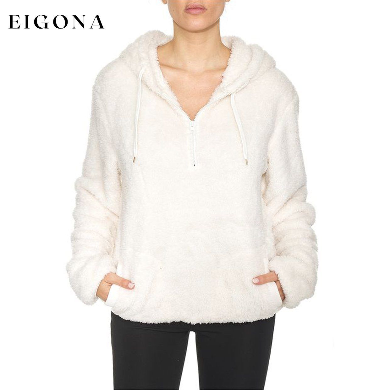 1/4 Zip Hooded Sherpa In and Out Lined Pull Over with 2 Pockets White __stock:250 Jackets & Coats refund_fee:1200