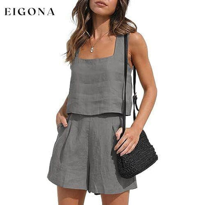 2-Piece Set: Women's Lounge Matching Sets Linen Shorts Crop Tops Gray __stock:200 clothes refund_fee:1200 tops