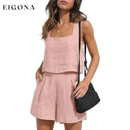 2-Piece Set: Women's Lounge Matching Sets Linen Shorts Crop Tops Pink __stock:200 clothes refund_fee:1200 tops