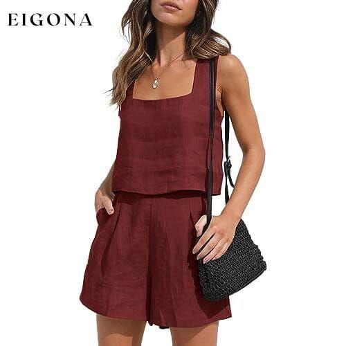 2-Piece Set: Women's Lounge Matching Sets Linen Shorts Crop Tops Wine __stock:200 clothes refund_fee:1200 tops