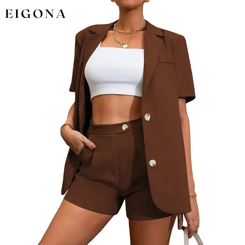 2-Piece Set: Women's Solid Color Blazer Shorts Brown __stock:200 clothes refund_fee:1200 tops