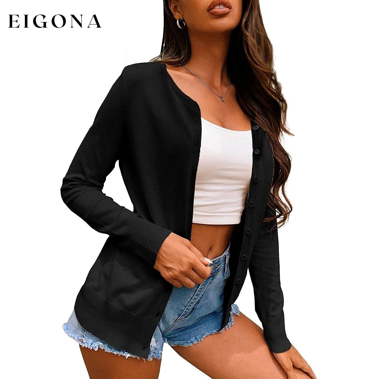 Women's Button Down Crew Neck Long Sleeve Soft Knit Cardigan Sweaters Black __stock:500 Jackets & Coats Low stock refund_fee:800