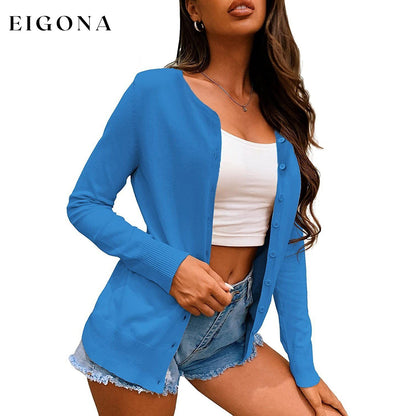 Women's Button Down Crew Neck Long Sleeve Soft Knit Cardigan Sweaters Blue __stock:500 Jackets & Coats Low stock refund_fee:800