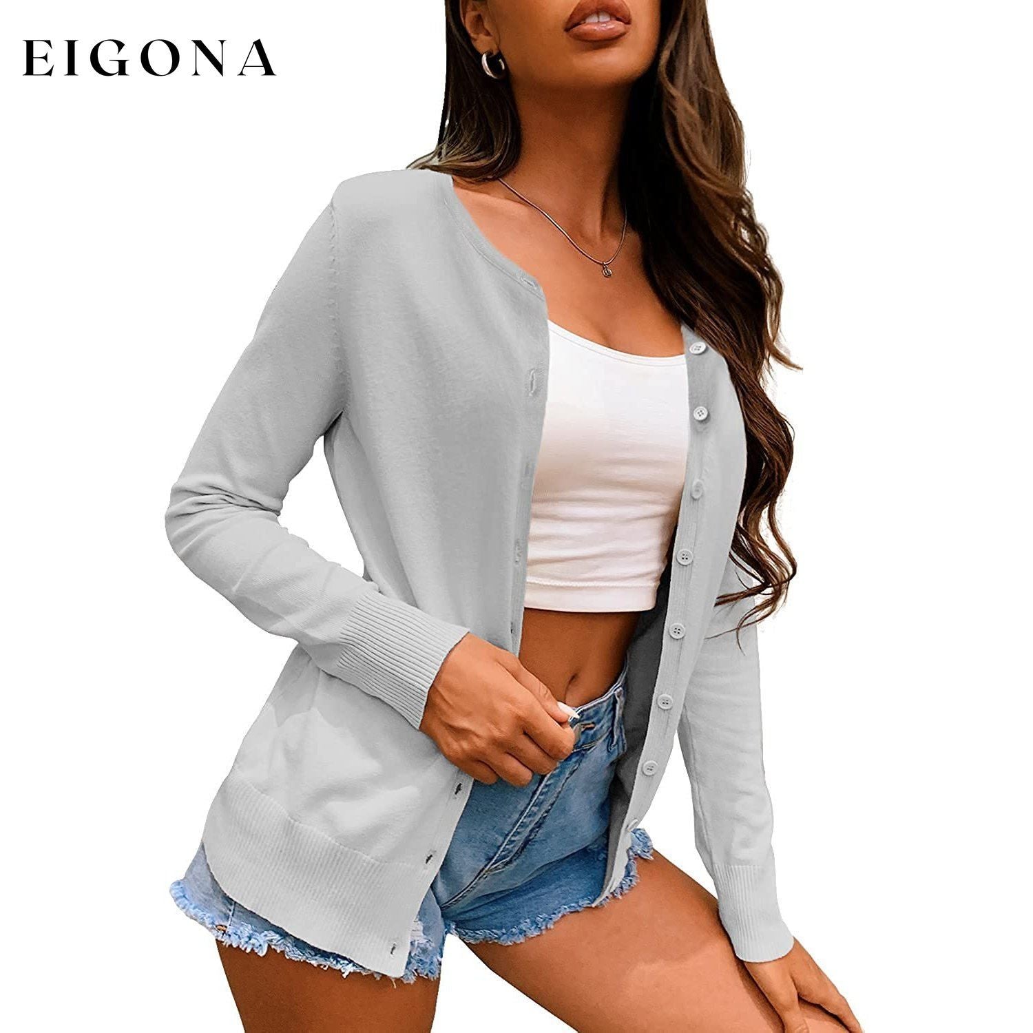 Women's Button Down Crew Neck Long Sleeve Soft Knit Cardigan Sweaters Light Gray __stock:500 Jackets & Coats Low stock refund_fee:800
