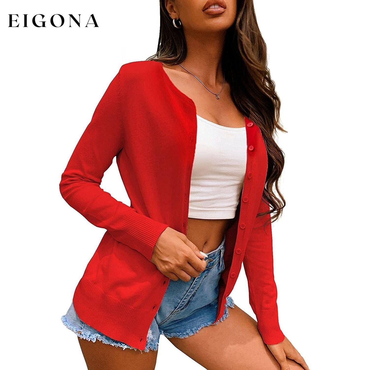 Women's Button Down Crew Neck Long Sleeve Soft Knit Cardigan Sweaters Red __stock:500 Jackets & Coats Low stock refund_fee:800