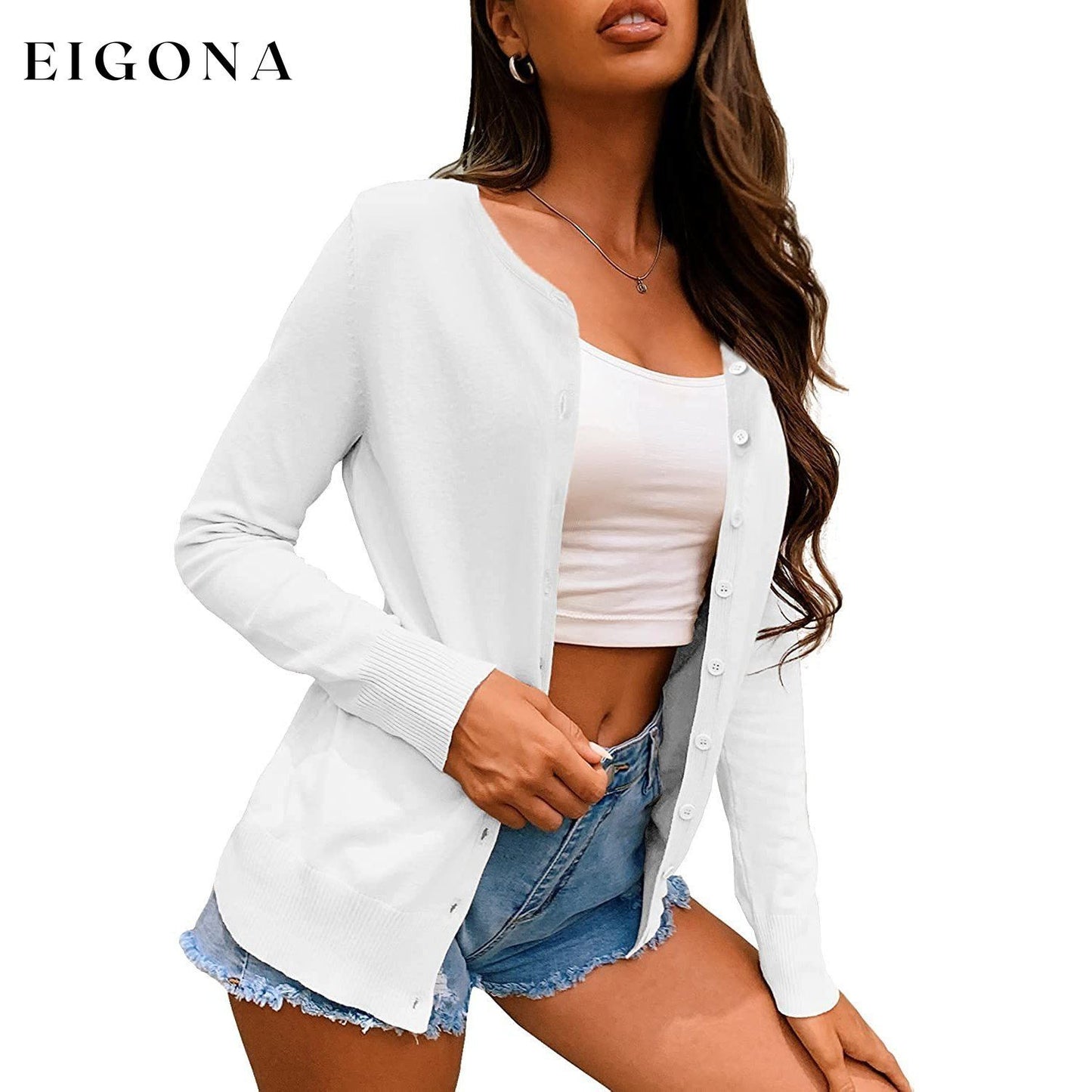 Women's Button Down Crew Neck Long Sleeve Soft Knit Cardigan Sweaters White __stock:500 Jackets & Coats Low stock refund_fee:800