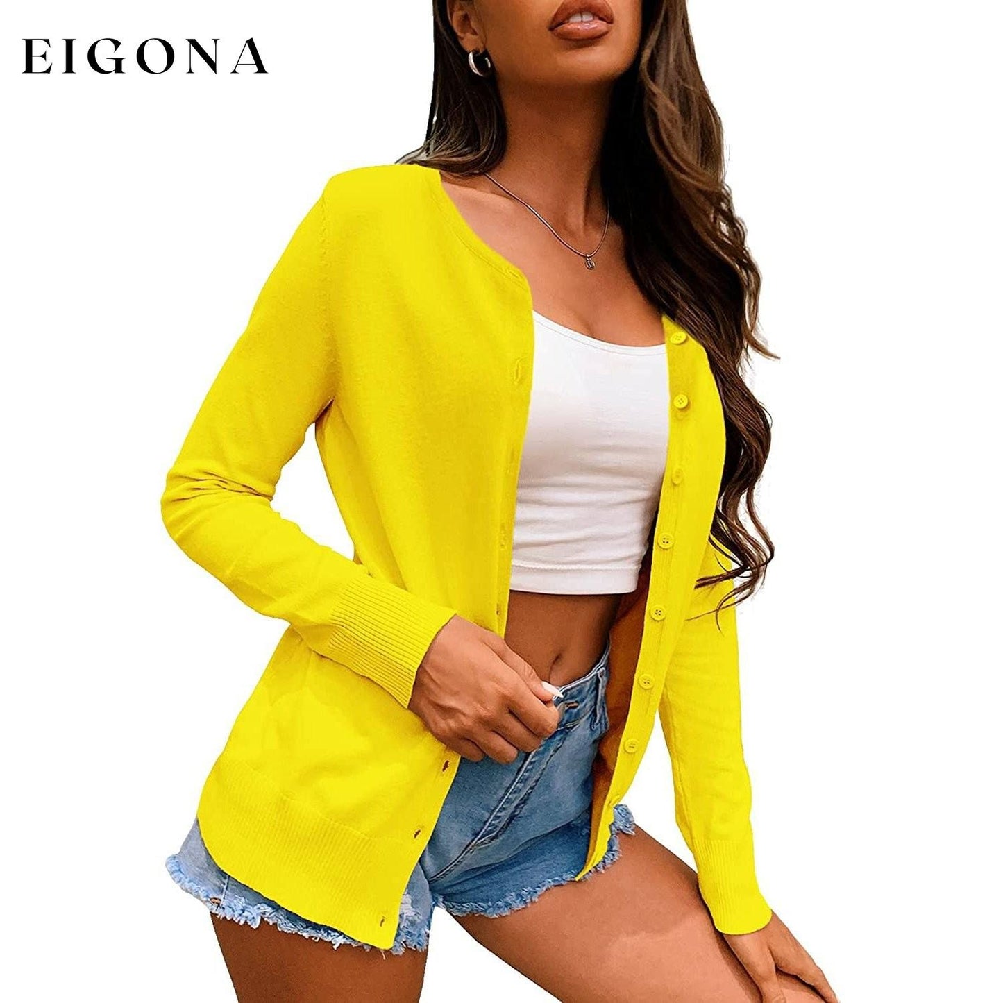 Women's Button Down Crew Neck Long Sleeve Soft Knit Cardigan Sweaters Yellow __stock:500 Jackets & Coats Low stock refund_fee:800
