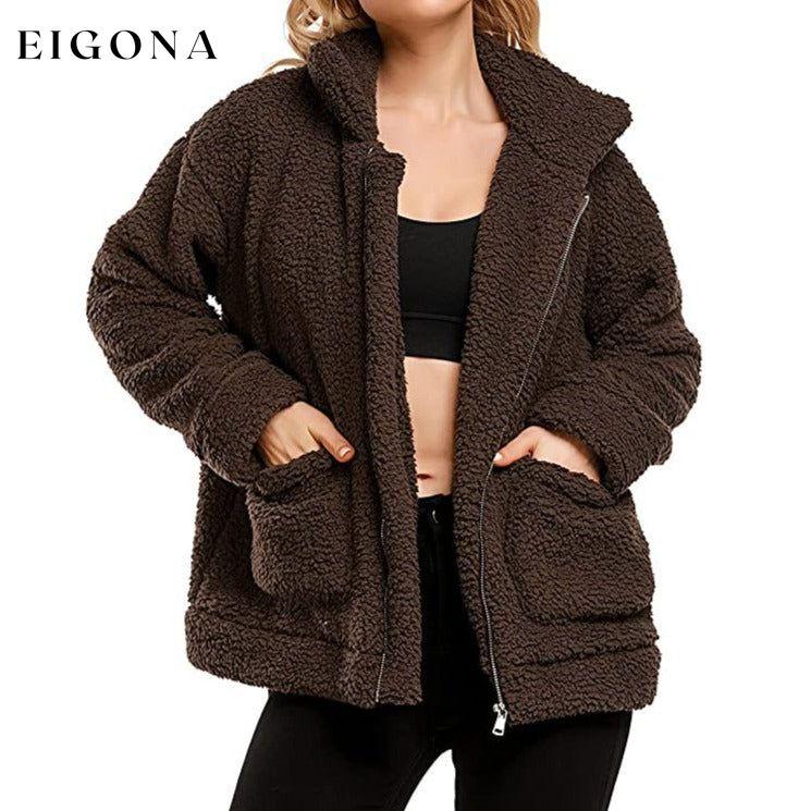 Women's Casual Lapel Fleece Fuzzy Faux Shearling Zipper Coat Brown __stock:50 Jackets & Coats refund_fee:1800