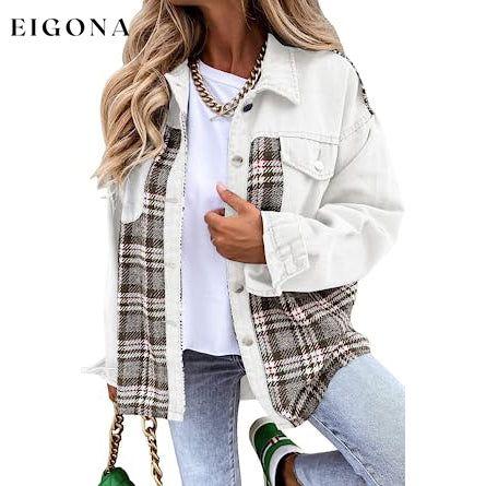 Women's Denim Jacket Long Sleeve Plaid Button Down Shirts Shacket White __stock:200 Jackets & Coats refund_fee:1200