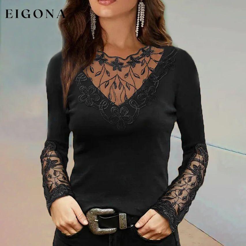 Women's Floral Lace Long Sleeve Top Black __stock:200 clothes refund_fee:1200 tops