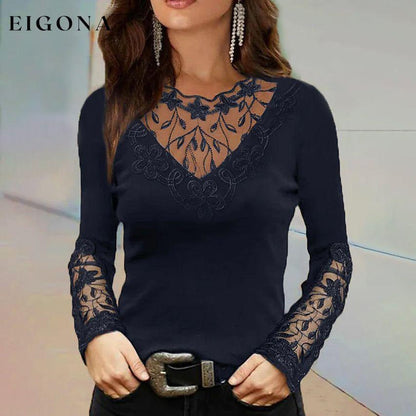 Women's Floral Lace Long Sleeve Top Navy Blue __stock:200 clothes refund_fee:1200 tops