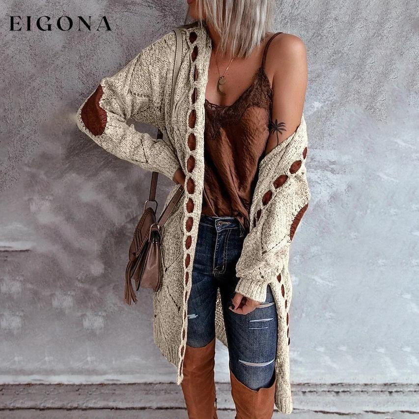 Women's Knitted Color Block Hooded Cardigan Sweater Beige __stock:200 Jackets & Coats refund_fee:1200 show-color-swatches