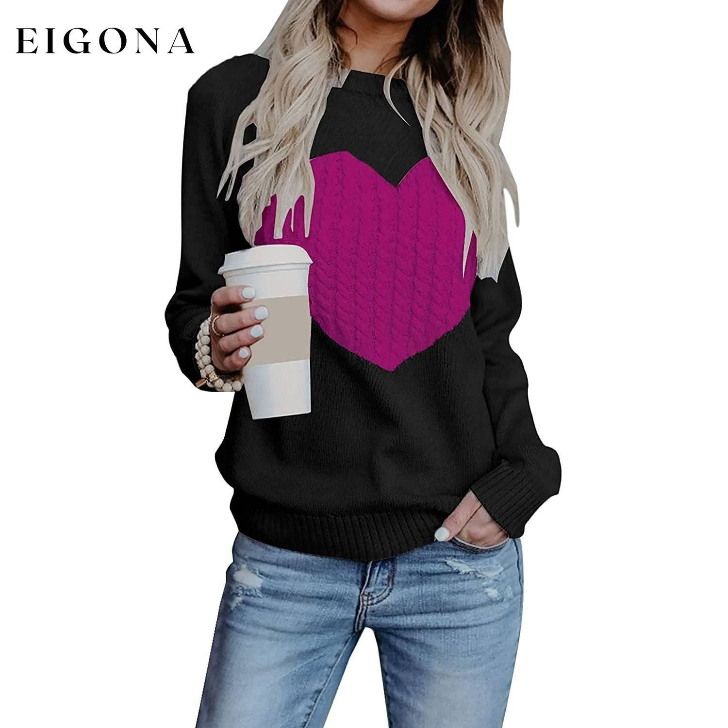 Women's Long Sleeve Crewneck Cute Heart Knitted Sweaters Black/Purple __stock:500 clothes refund_fee:1200 tops