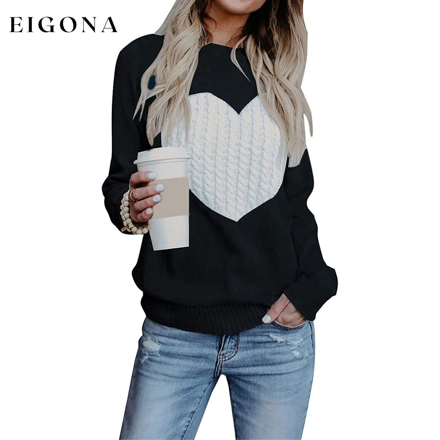 Women's Long Sleeve Crewneck Cute Heart Knitted Sweaters Black/White __stock:500 clothes refund_fee:1200 tops