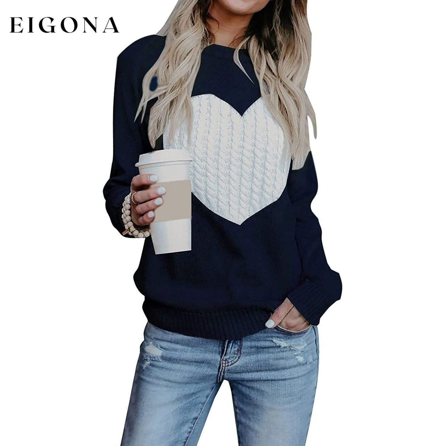 Women's Long Sleeve Crewneck Cute Heart Knitted Sweaters Navy __stock:500 clothes refund_fee:1200 tops