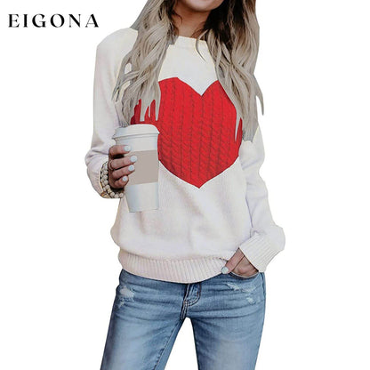 Women's Long Sleeve Crewneck Cute Heart Knitted Sweaters White __stock:500 clothes refund_fee:1200 tops
