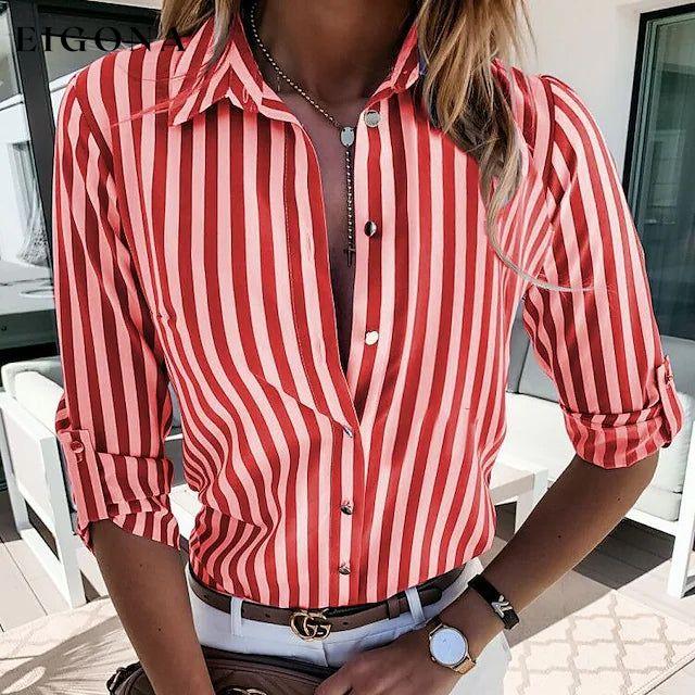Women's Striped Collar Basic Top Red __stock:200 clothes refund_fee:1200 tops