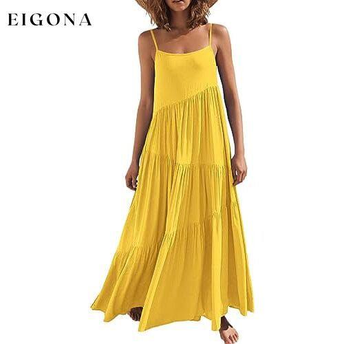 Women’s Summer Casual Loose Sleeveless Spaghetti Strap Asymmetric Tiered Beach Maxi Long Dress Yellow __stock:200 casual dresses clothes dresses refund_fee:1200