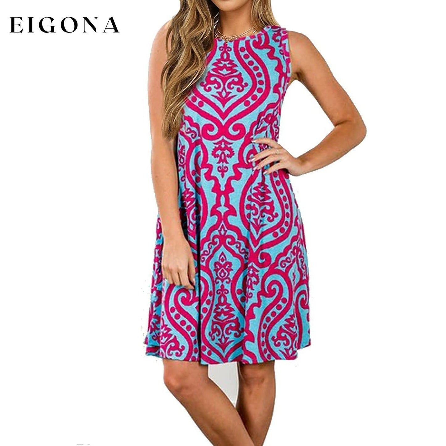 Women's Summer Sleeveless Damask Print Pocket Loose T-Shirt Cover Up Dress Red __stock:200 casual dresses clothes dresses refund_fee:1200