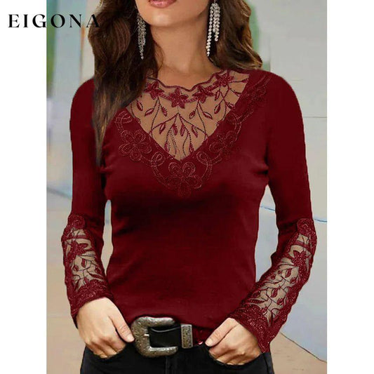 Women's T-Shirt Floral Lace Patchwork Long Sleeve Wine __stock:200 clothes refund_fee:1200 tops