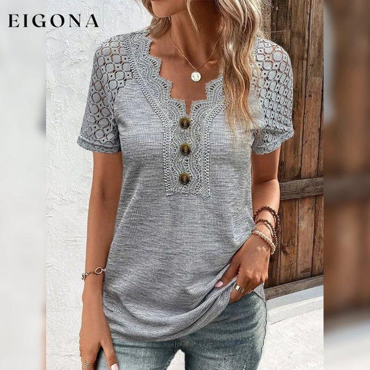Women's T-Shirt Plain Lace Button Short Sleeve Gray clothes refund_fee:1200 tops