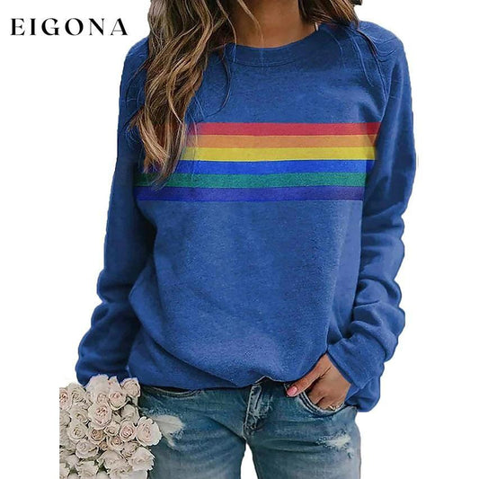 Women's T shirt Rainbow Graphic Long Sleeve Round Neck Tops Blue __stock:200 clothes refund_fee:800 tops