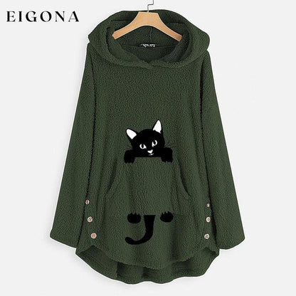 Women's Teddy Coat Cat Animal Front Pocket Hoodies Army Green __stock:50 Jackets & Coats refund_fee:1200