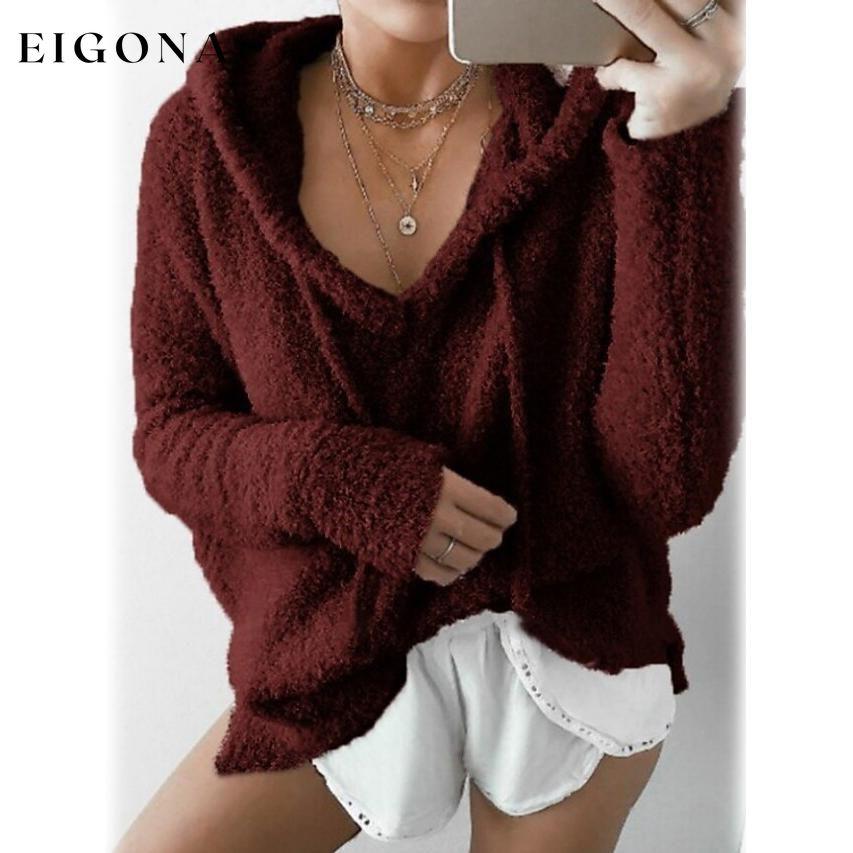 Women's Teddy Coat Plain Daily Basic Loose Hoodie Wine __stock:50 clothes refund_fee:800 tops