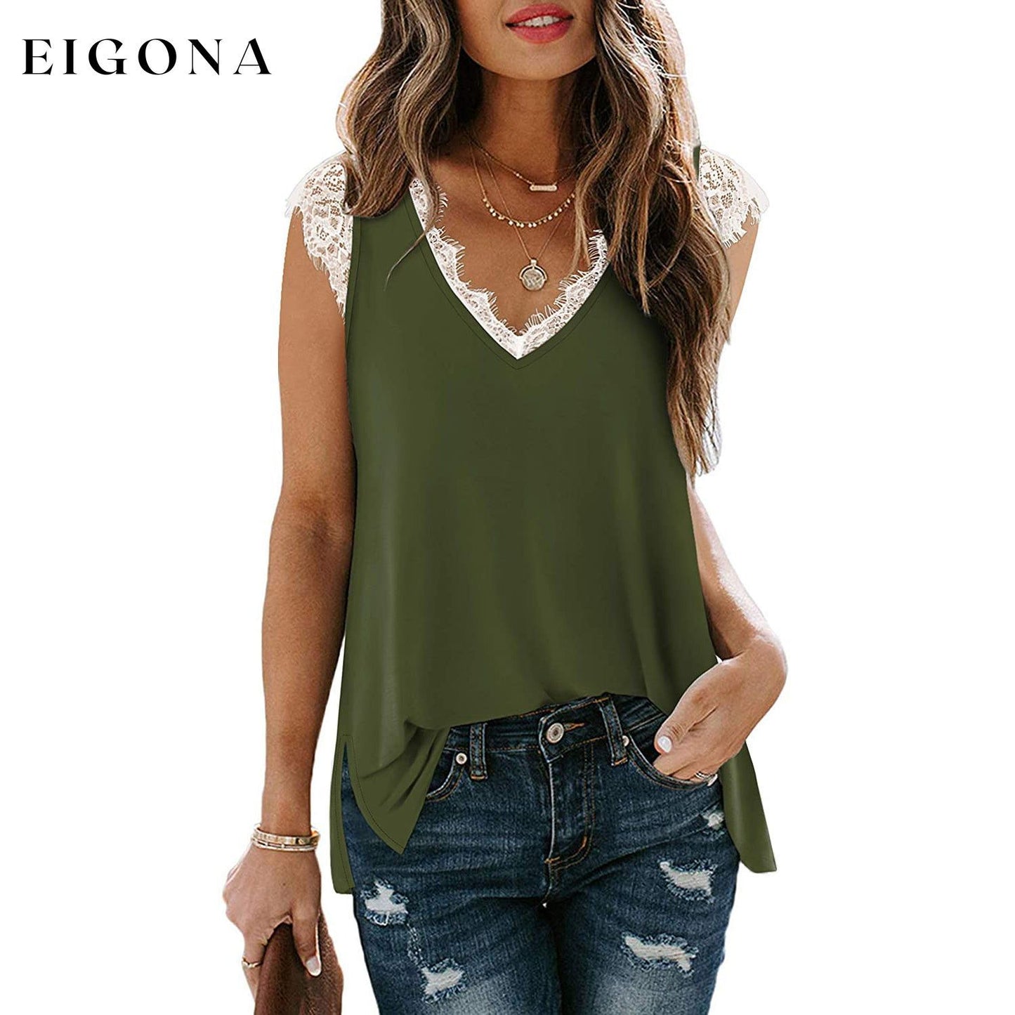 Women's V Neck Lace Tank Top - Assorted Styles Army Green __stock:200 clothes refund_fee:800 tops