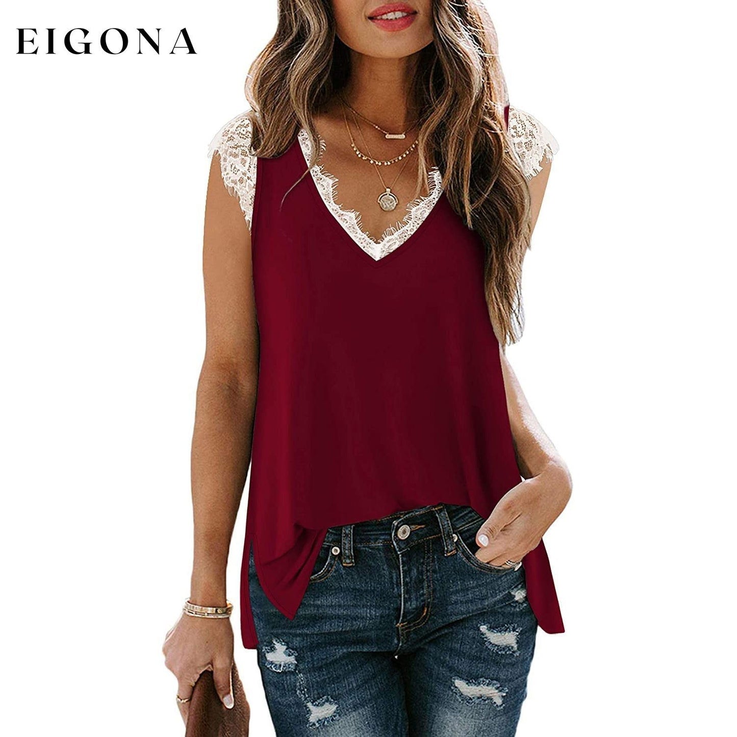 Women's V Neck Lace Tank Top - Assorted Styles Burgundy __stock:200 clothes refund_fee:800 tops