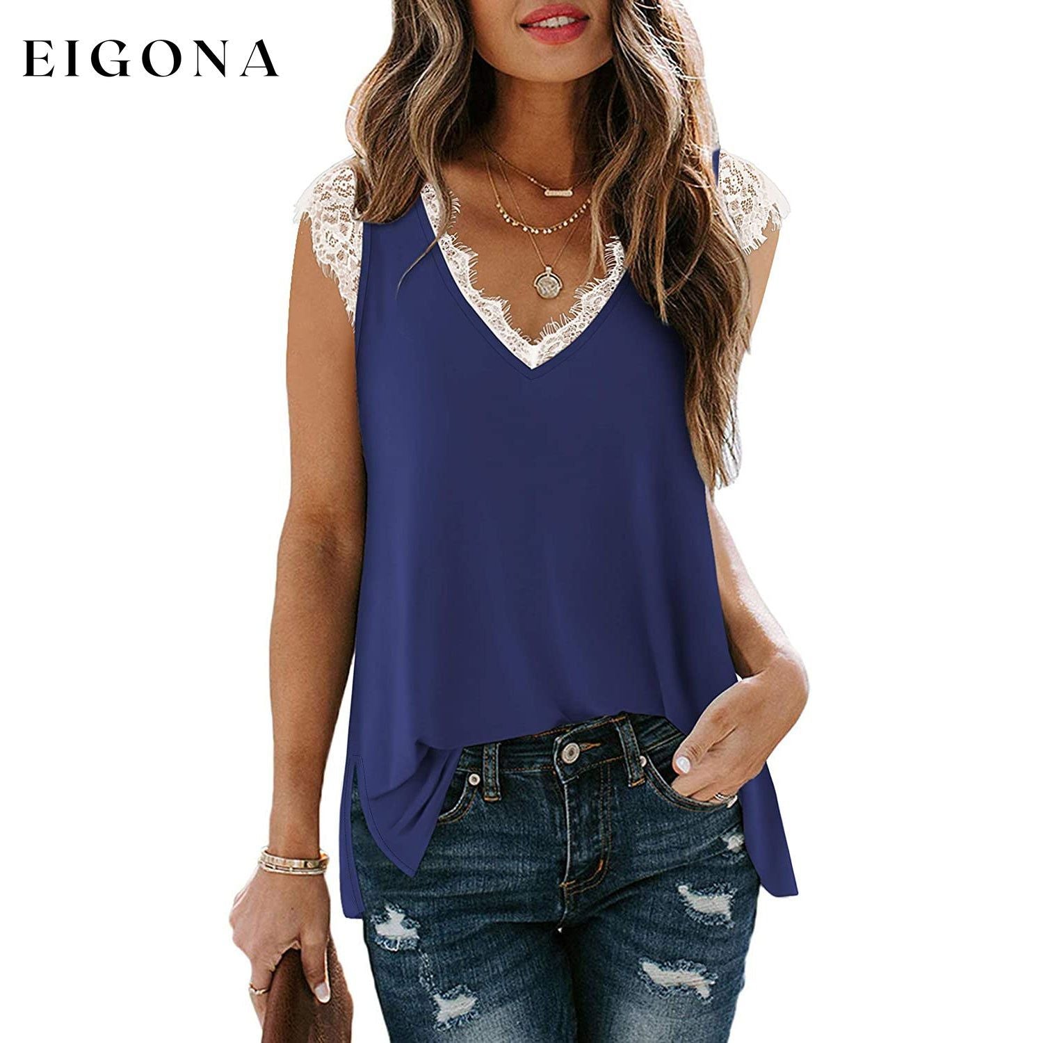 Women's V Neck Lace Tank Top - Assorted Styles Navy __stock:200 clothes refund_fee:800 tops